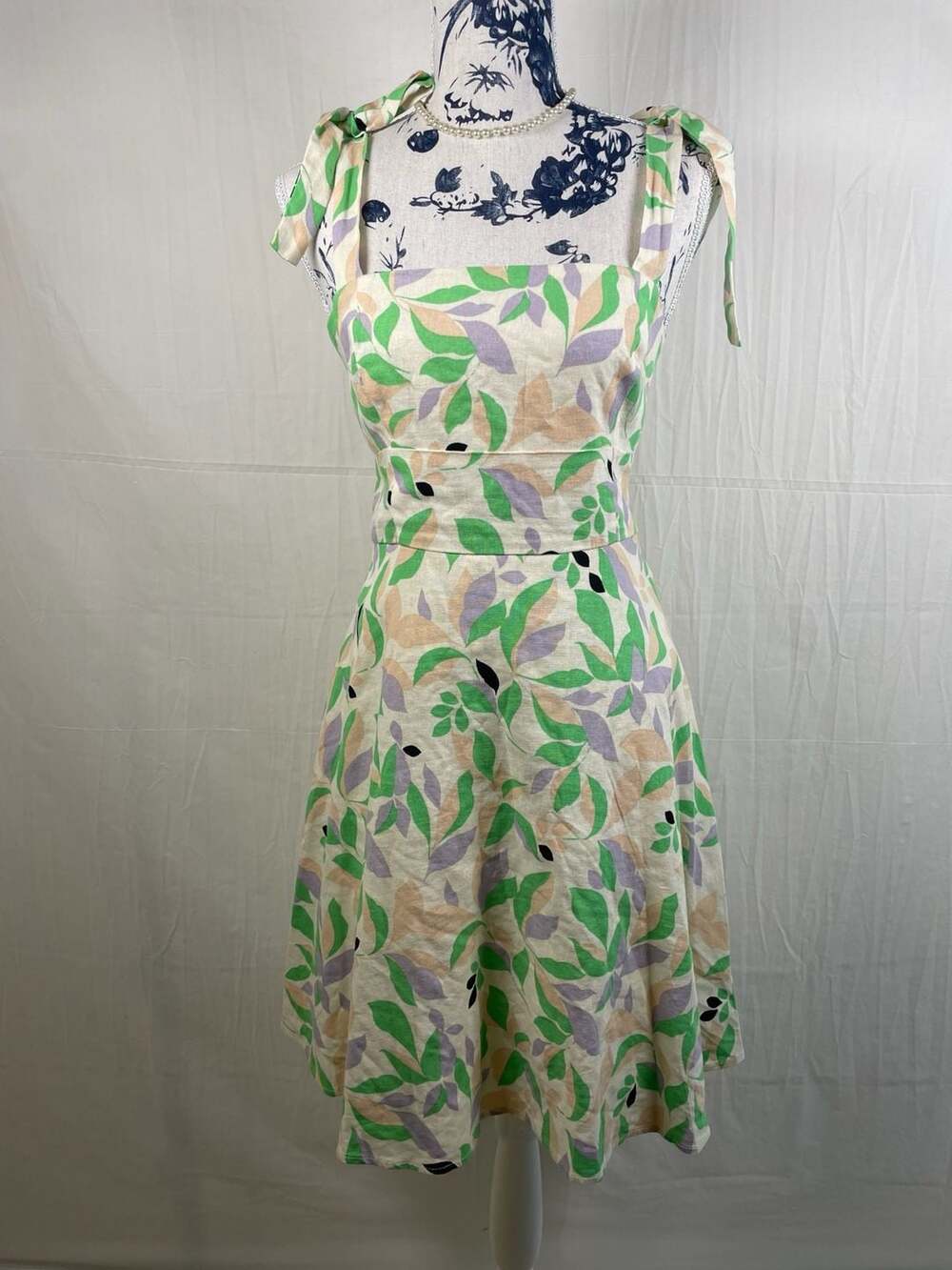 Gianni Bini GB Linen Blend Floral Tie-Strap Smocked Back Mini Dress Sz M
